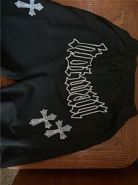SHEIN Black Athletic Shorts with White Gothic Cross Print